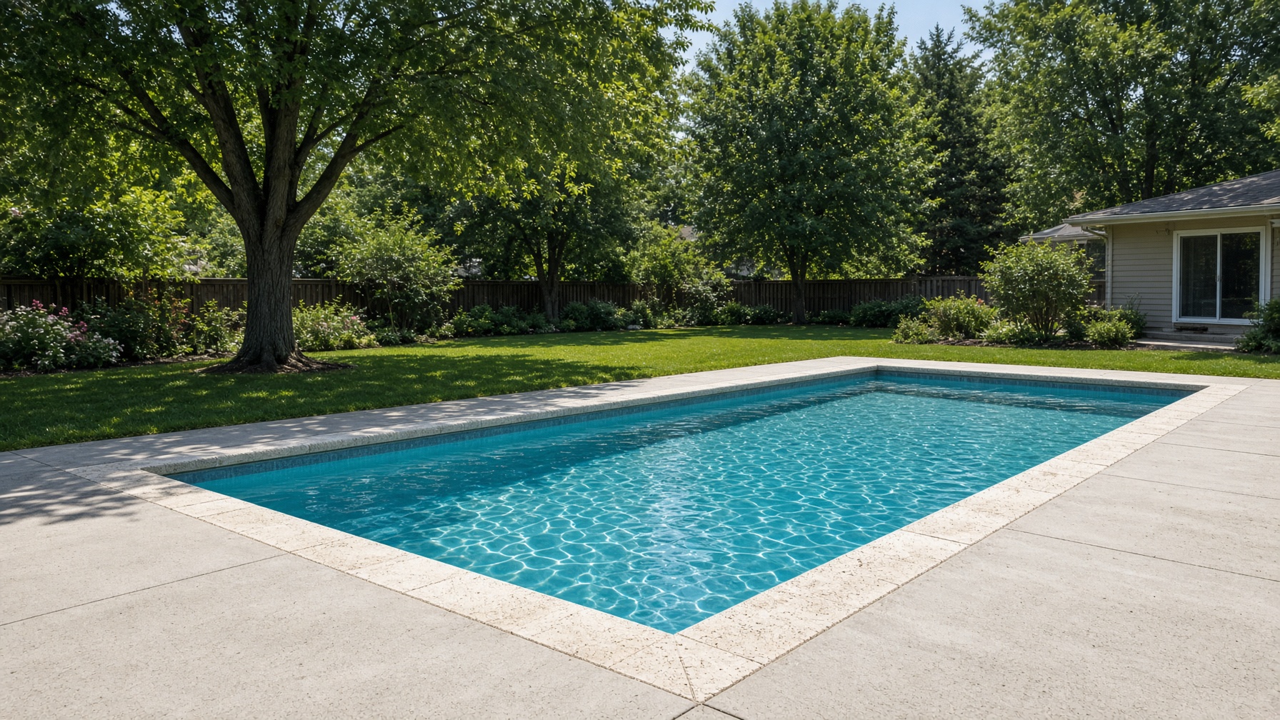 A clear residential swimming pool in a sunny backyard