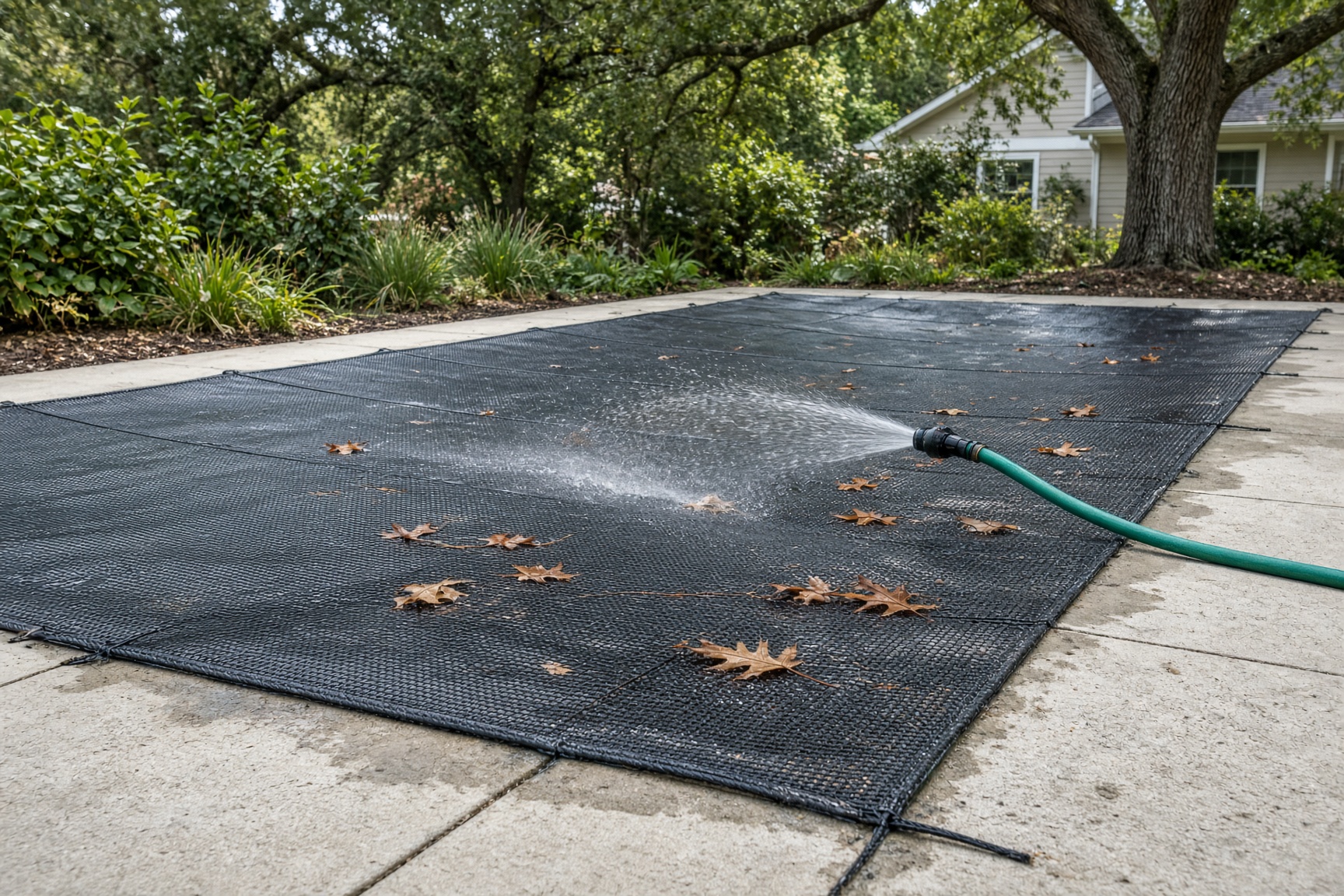 A safety cover being rinsed clean on a backyard pool