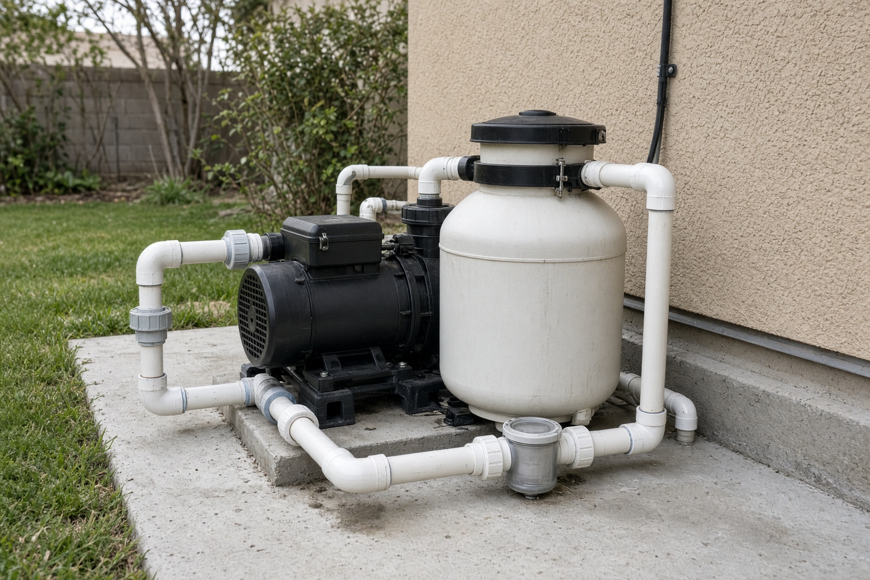 A residential pool pump and filter on a concrete pad
