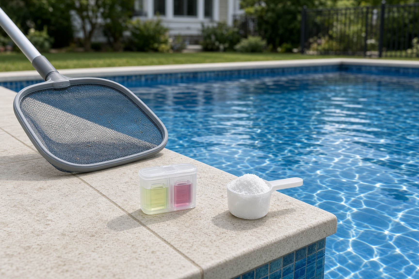 A skimmer net and test kit at the edge of a clear pool